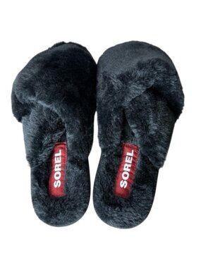SOREL Go Mail Run Black Faux Fur Fuzzy Cozy Slippers Slip On Slide Size 11